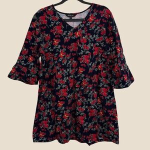 Ulla Popken Womens 16/18 Navy Tunic Top with Red Floral Print Short Sleeves